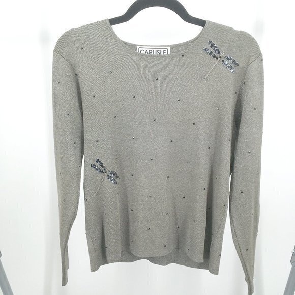 VTG 90s Carlisle Firefly Metallic Shimmer Scoop Neck Silk-Blend Knit Top MSilver - Picture 1 of 16